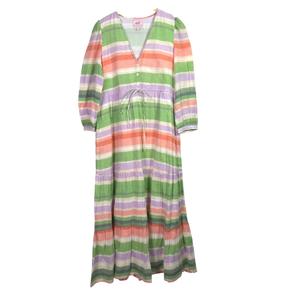 Banjanan Maxi Dress Large 3/4 Sleeve Striped V Neck Cotton‎ Wedding Guest Spring